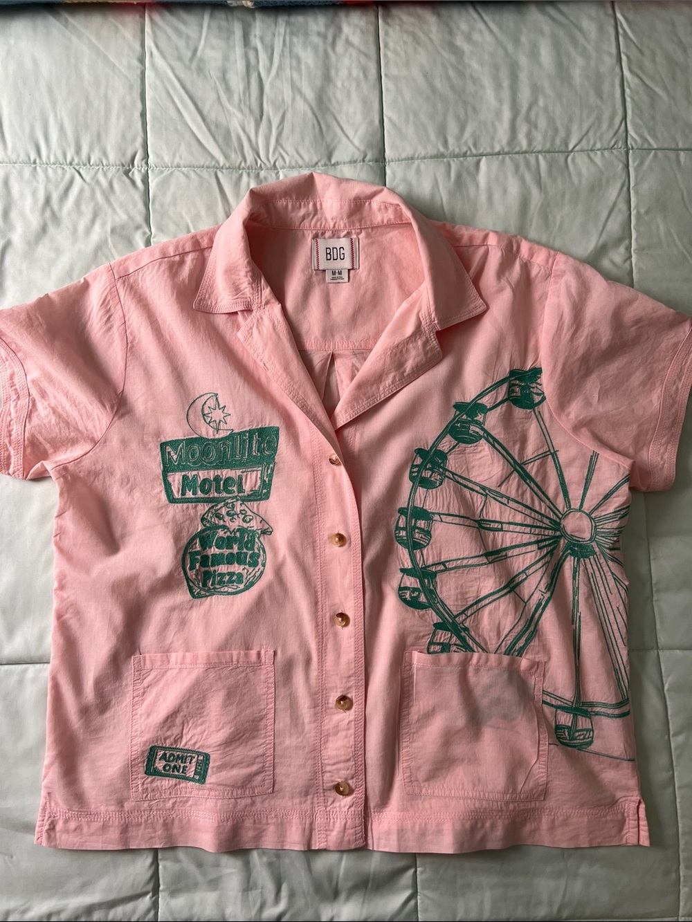 BDG Short-Sleeve Button-Down Shirt with Green Carnival Graphic